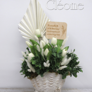 Fleurs de soie et fleurs séchées, pot coquillage