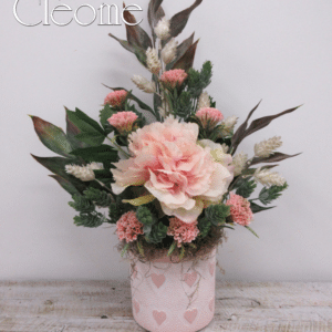 Fleurs de soie roses - pot avec coeurs